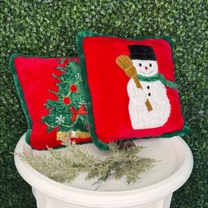 Vintage 1998 Festive Snowman And Christmas treePillow with Red and Green Accents